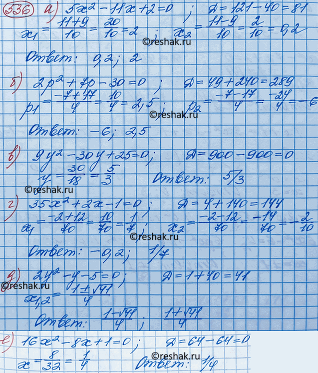 Изображение Решите уравнение:  а) 3х2 - 7х + 4 = 0;	  б) 5х2 - 8х + 3 = 0;	  в) 3х2 - 13х + 14=0;	  г) 2у2 - 9у + 10 = 0;	  д) 5у2 - 6у + 1 = 0;  е)...