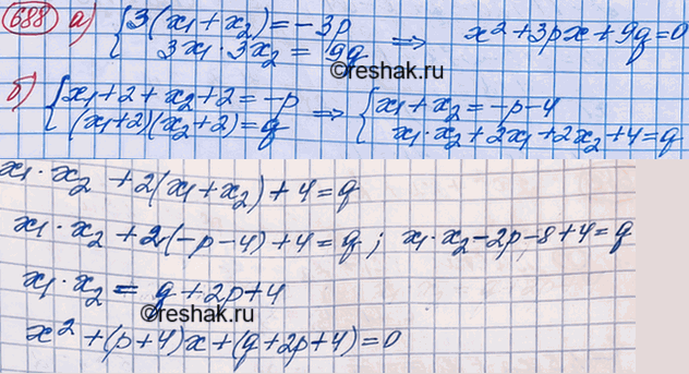 Изображение Зная, что уравнение х2 + px + q = 0 имеет корни х1 и x2, составьте квадратное уравнение, имеющее корни:  а) 3x1 и 3x2;   б) x1 + 2 и x2 +...