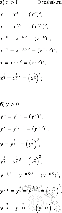 Изображение 196 Представьте:  а) в виде квадрата (х > 0): x6, x5,x^-8, x^-1, x, x1/3.  б) в виде куба (у > 0): у6,y7, y1/2, y^-1,5,y0,2,...