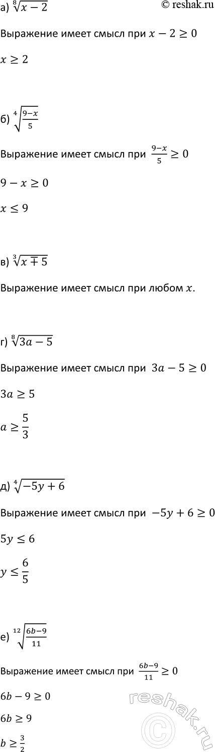 Изображение 259. При каких значениях переменной имеет смысл выражение:  а) корень 8 степени (x-2);  б) корень 4...