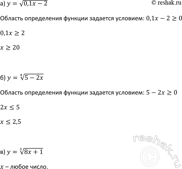Изображение 262. Найдите область определения функции:   а) у = корень (0,1х - 2);   б) у = корень 4 степени (5 - 2х);  в) у = корень 3 степени (8х +...