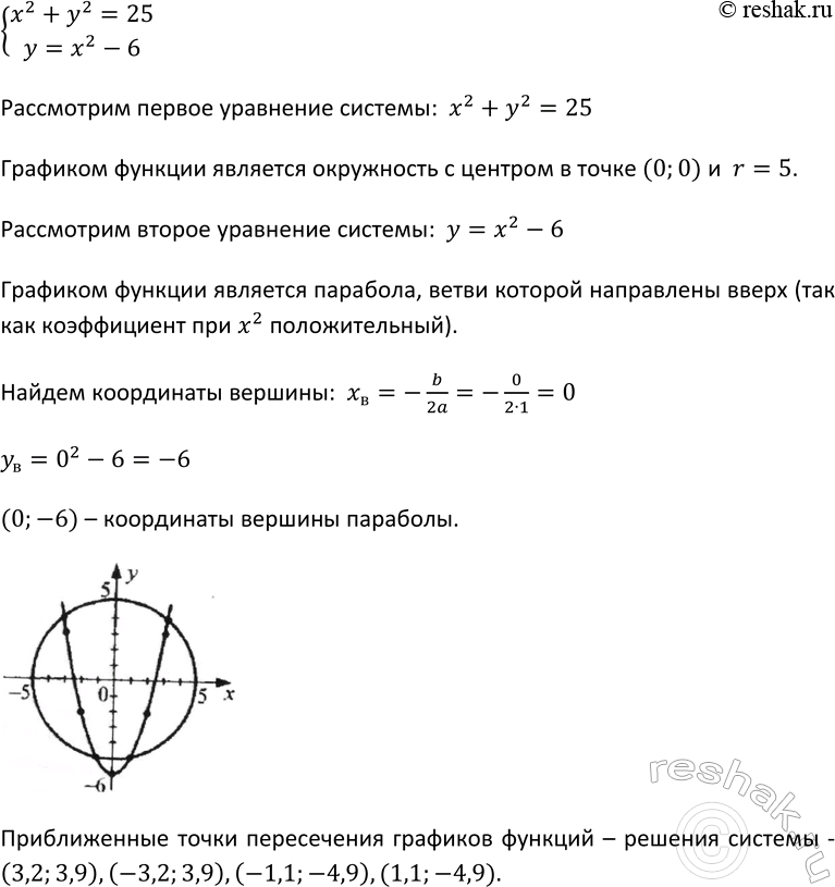 Изображение 17. Покажите с помощью графиков, что система уравнений  система  х2 + у2 = 25,  у = х2- 6  имеет четыре решения, и найдите...
