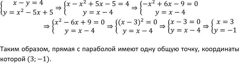 Изображение 445. Докажите, что прямая х- у = 4 имеет одну общую точку с  параболой у = х2 - 5х + 5, и найдите координаты этой общей ...