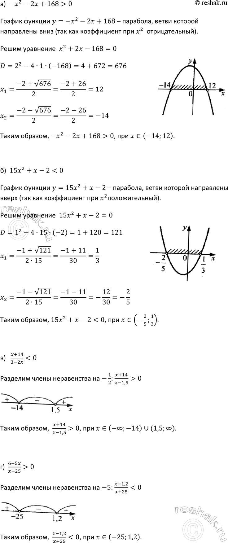 Изображение 454. При каких значениях x:  а) трёхчлен -х2 -2x+ 168 принимает положительные значения;  б) трёхчлен...