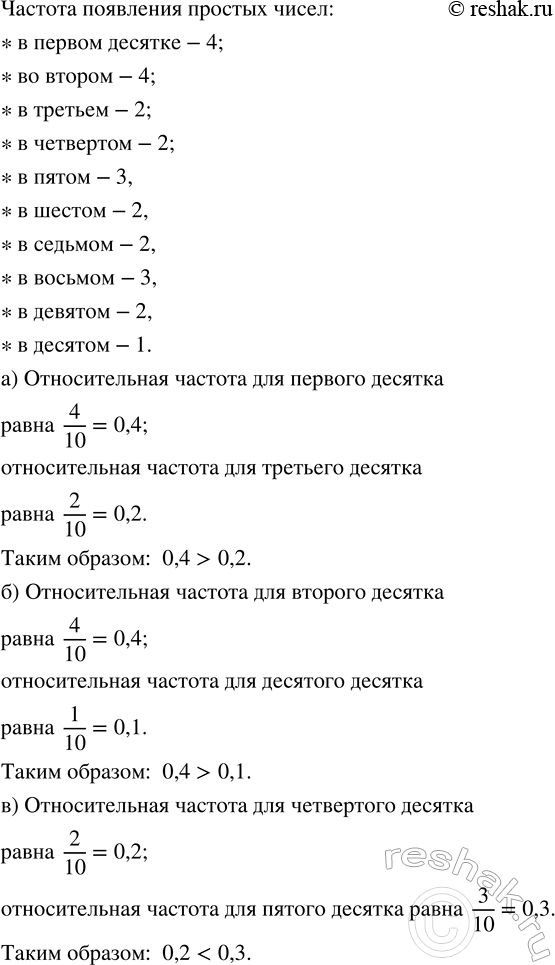 Изображение 856. Для натуральных чисел от 1 до 99 включительно найдите частоту появления простых чисел в...
