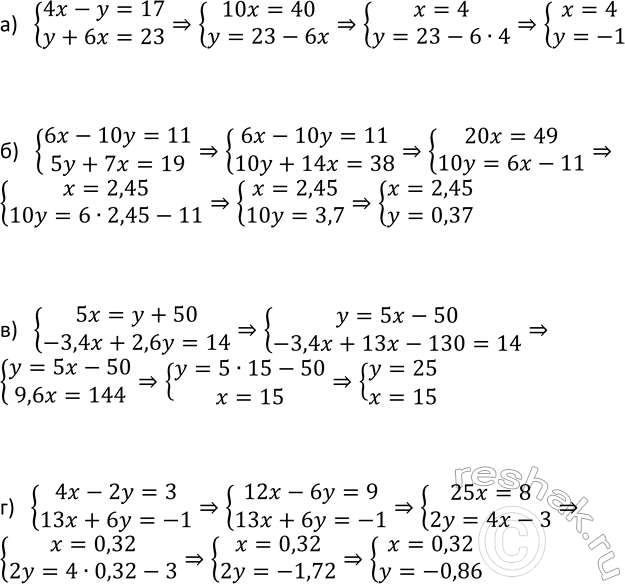 Изображение 957. Решите систему уравнений:  а) система  4x-y=17,  y+6x=23;  б) система  6x-10y=11,  5y+7x=19;  в) система  5x=y+50,  -3,4x+2,6y=14;  г) система  4x-2y=3, ...