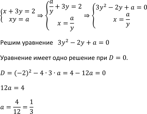 Изображение 978. При каком значении а система уравнений  система  х + Зу = 2,   ху = а  имеет единственное...