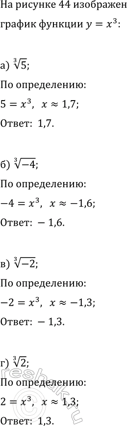 Изображение 162. На рисунке 44 дан график функции у = х3. С помощью этого графика найдите:  а) корень 3 степени...