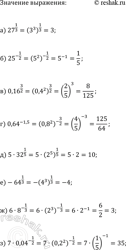Изображение 192 Найдите значение выражения:  а) 27^1/3;  б) 25^-1/2;  в) 0,16^3/2;  г) 0,64^-1,5;  д) 5*32^1/5;  е) -64^1/3;  ж) 6*8^-1/3;  з)...