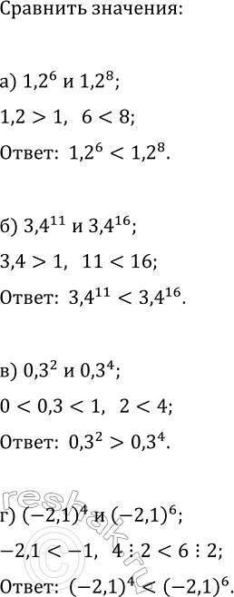 Изображение 248. Сравните:  а) 1,2^6 и 1,2^8; в) 0,3^2 и 0,3^4;  б) 3,4^11 и 3,4^16; г) (-2,1)^4 и...