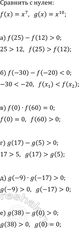 Изображение 251. Даны функции f(x) = х7 и g(x) = х10. Сравните с нулём:  а) f(25) - f(12);  б) f(-30) - f(-20);  в) f(0) * f(60);	  Г) g( 17) -...