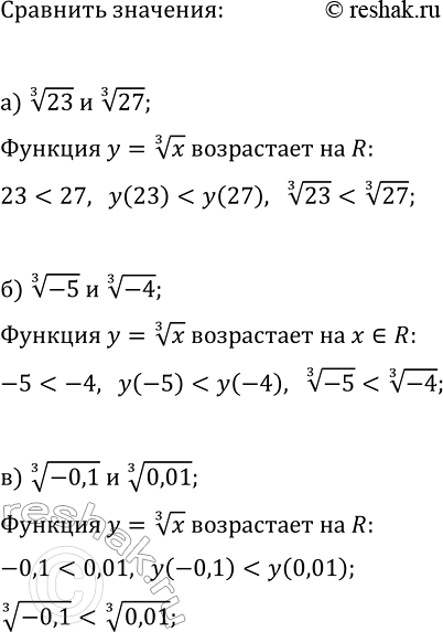 Изображение 260. Сравните значения корней:  а) корень 3 степени 23 и корень 3 степени 27; б) корень 3 степени -5 и ...
