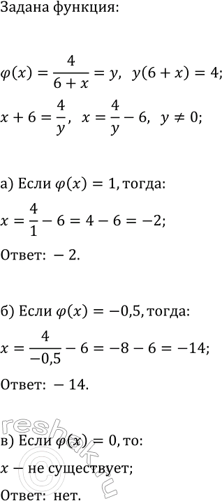 Изображение Существует ли значение x, при котором значение функции, заданной формулой фи(x) = 4/(6 + x), равно:...