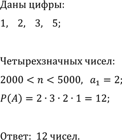 Изображение 834. Из цифр 1, 2, 3, 5 составили все возможные четырёхзначные числа (без повторения цифр). Сколько среди них таких чисел, которые больше 2000, но меньше...