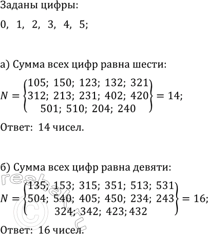 Изображение 851 Из цифр О, 1, 2, 3, 4, 5 составили все возможные трёхзначные числа (без повторения цифр). Сколько среди них таких сумма цифр которых равна:  а) 6; б)...