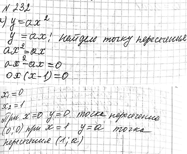 Изображение 232. Докажите, что графики функций у = ах2 и у = аx2, где а =/ 0, пересекаются в точке (1; а). В какой ещё точке пересекаются эти...