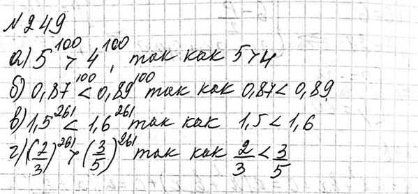 Изображение 249. Объясните, почему верно неравенство:  а) 5^100 > 4^100;  б) 0,87^100< 0,89^100;  в) 1,5^261< 1,6^261;  г) (2/3)261>...