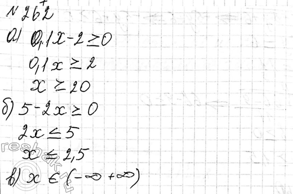 Изображение 262. Найдите область определения функции:   а) у = корень (0,1х - 2);   б) у = корень 4 степени (5 - 2х);  в) у = корень 3 степени (8х +...
