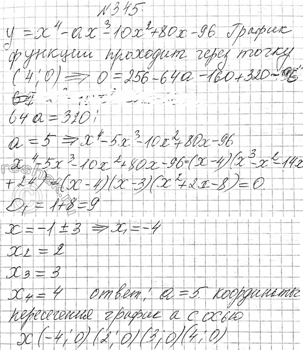 Изображение 345 Известно, что график функции у = х — ах - 10х2 +  80x - 96 пересекает ось х в точке (4; 0). Найдите а и координаты других точек пересечения графика функции с осью...