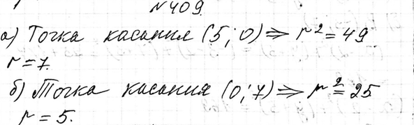 Изображение 409 При каких значениях r окружность (х - 5)2 + (у - 7)2 = r2:   а) касается оси х; б) касается оси...