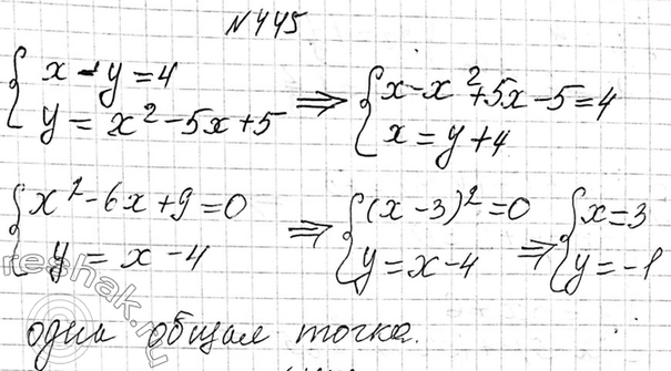 Изображение 445. Докажите, что прямая х- у = 4 имеет одну общую точку с  параболой у = х2 - 5х + 5, и найдите координаты этой общей ...