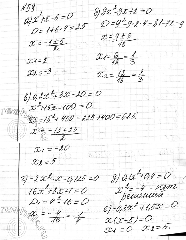 Изображение 59 Найдите корни квадратного трёхчлена:  а) х2 + х - 6;	  б) 9x2 - 9x + 2;	  в) 0,2x2 + 3x - 20;	  г) -2x2 — х — 0,125  д) 0,1x2 + 0,4;  е) -0,3x2 +...