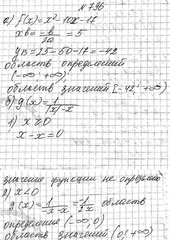Изображение 796. Найдите область определения и область значений функции: a) f(x) = х2 - 10x - 17; б) g(x) = 1/(|x|...