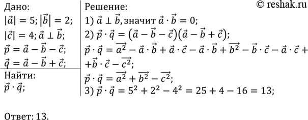 Изображение Вычислите скалярное произведение векторов р=а-b-с и q = a-b + c, если |а| = 5, |b| = 2, | с | = 4 и а перпендикулярен...