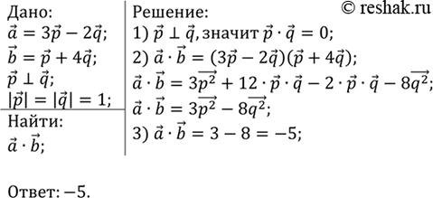 Изображение Вычислите скалярное произведение векторов а и b, если a = 3p-2q и b=р + 4q, где р и q — единичные взаимно перпендикулярные...