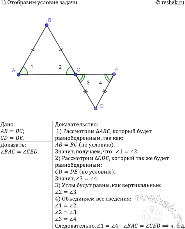 Изображение На рисунке 53 (см. с. 31) угол1= угол2, угол3 = угол4. а) Докажите, что треугольникABC = треугольникC DA; б) найдите АВ и ВС, если AD= 19 см, CD = 11...