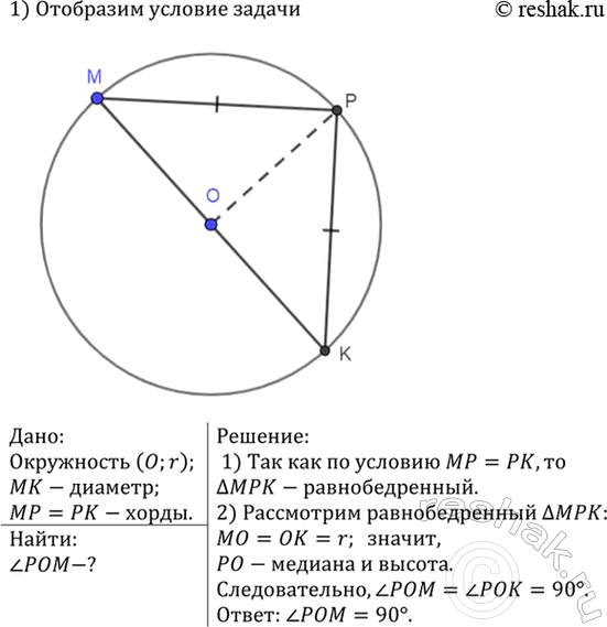Изображение Отрезок МК — диаметр окружности с центром О, а МР и РК — равные хорды этой окружности. Найдите угол...