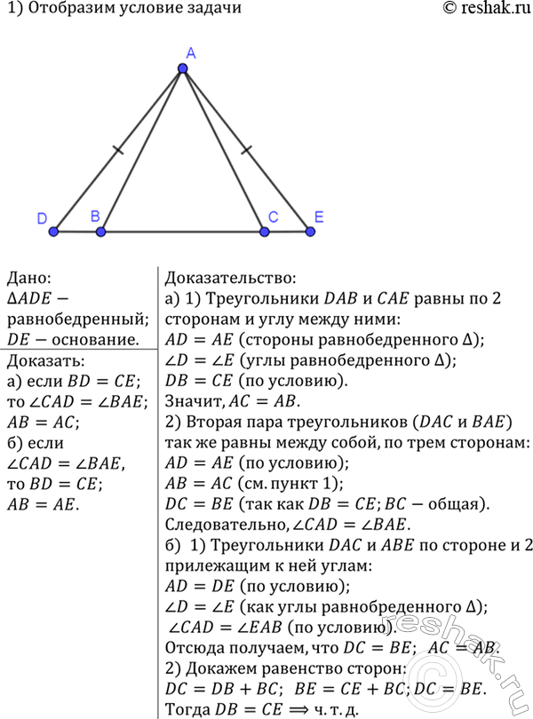 Изображение На рисунке 92 треугольник ADE равнобедренный, DE — основание. Докажите, что: а) если BD = СЕ, то...