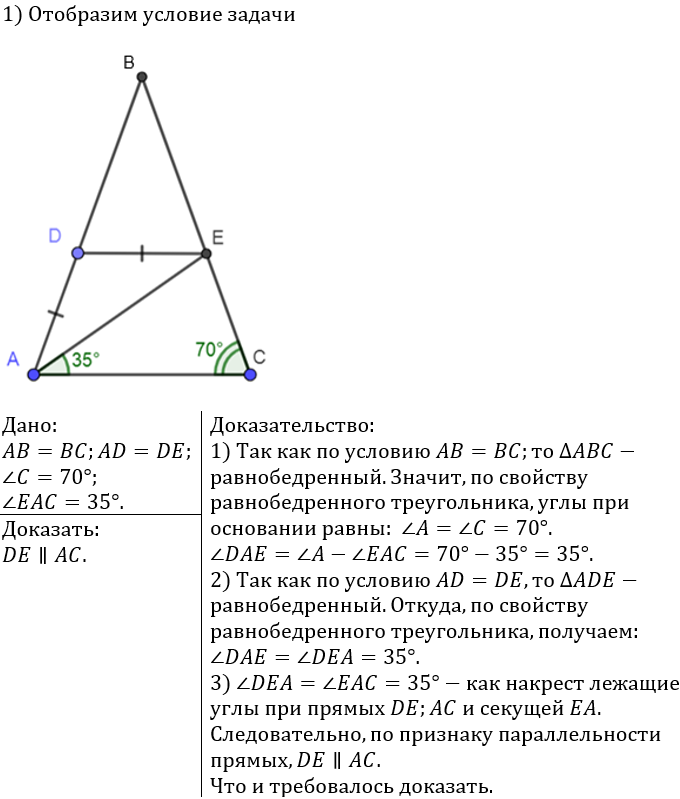 Изображение На рисунке 109 АВ = ВС, AD = DE, угол C = 70°, угол EAC = 35°. Докажите, что DE ||...
