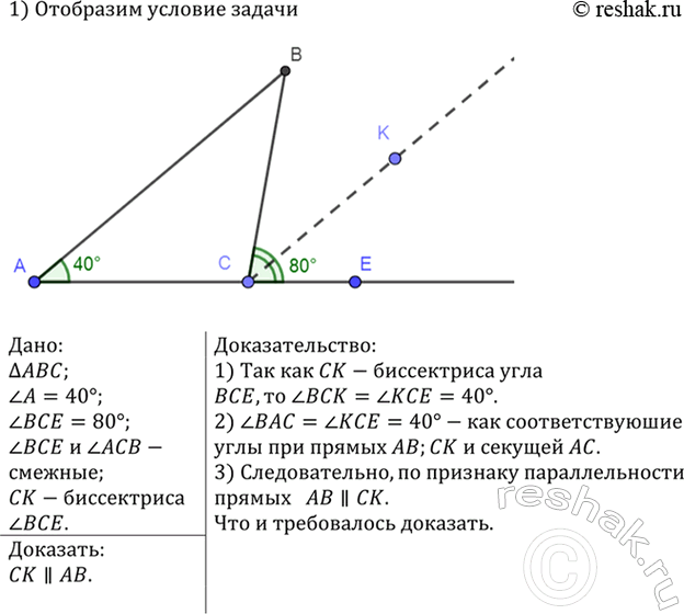 Изображение В треугольнике ABC угол А равен 40°, а угол ВСЕ, смежный с углом АСВ, равен 80°. Докажите, что биссектриса угла ВСЕ параллельна прямой...