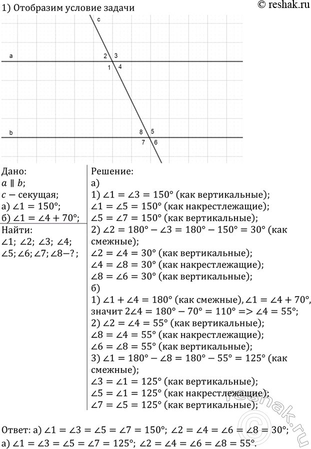 Изображение Разность двух односторонних углов при пересечении двух параллельных прямых секущей равна 50°. Найдите эти...