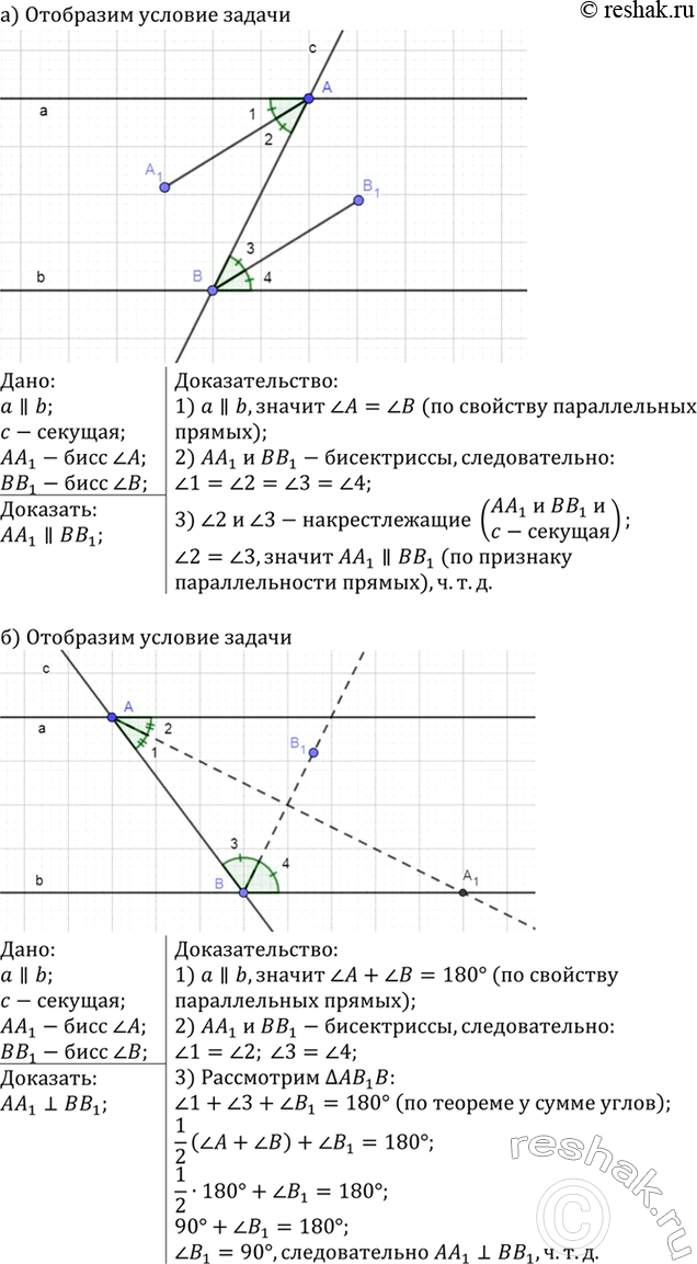 Изображение Две параллельные прямые пересечены секущей. Докажите, что: а) биссектрисы накрест лежащих углов параллельны; б) биссектрисы односторонних углов...