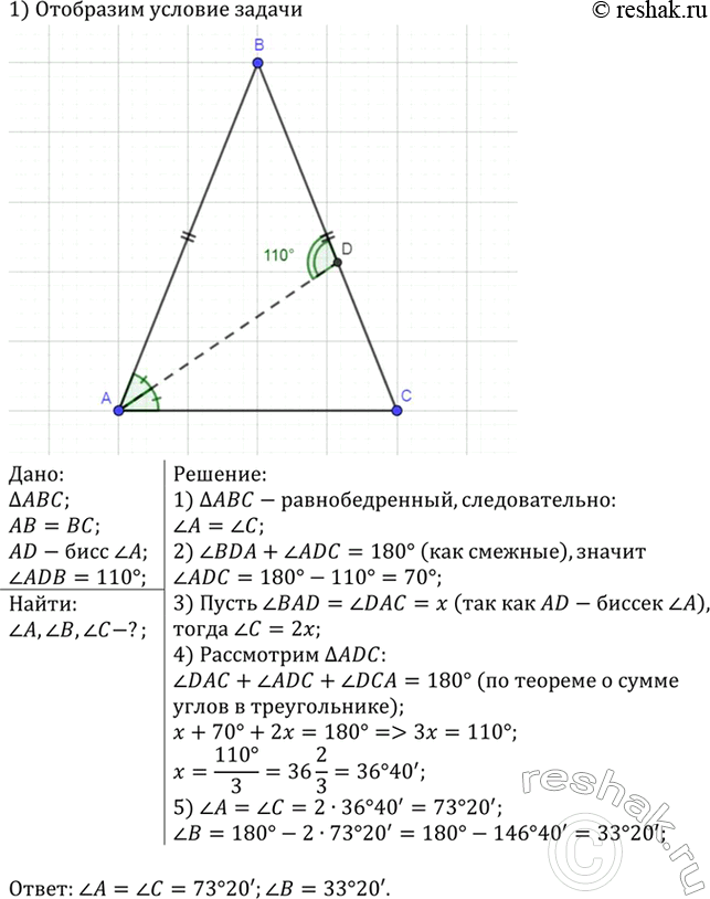 Изображение В равнобедренном треугольнике ABC с основанием АС биссектрисы углов А и С пересекаются в точке О. Докажите, что треугольник АОС —...