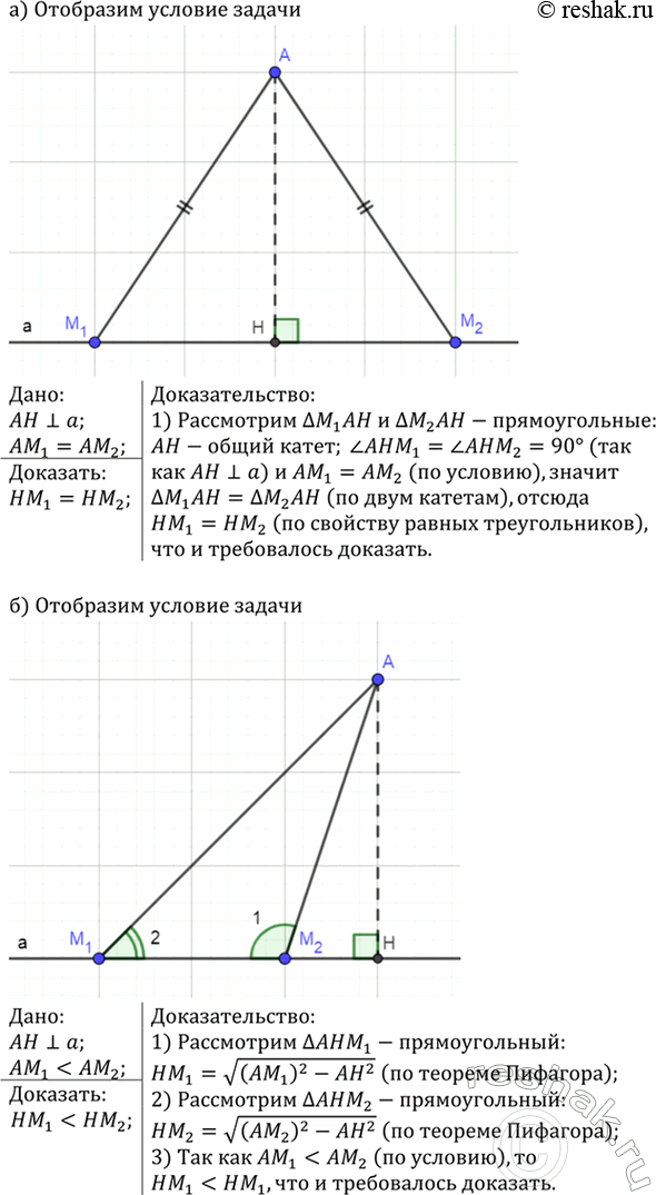 Изображение Из точки А к прямой а проведены перпендикуляр АН и наклонные АМ1 и АМ2. Докажите, что: а) если АМ1 = АМ2, то НМ1 = НМ2, б) если АМ1 < AM2, то НМ1 <...