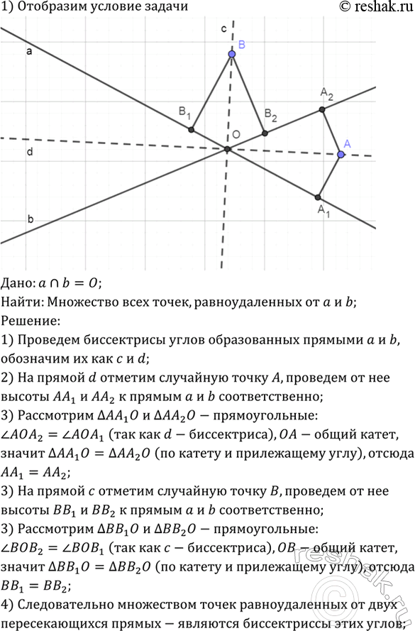 Изображение Что представляет собой множество всех точек плоскости, каждая из которых равноудалена от двух данных пересекающихся...