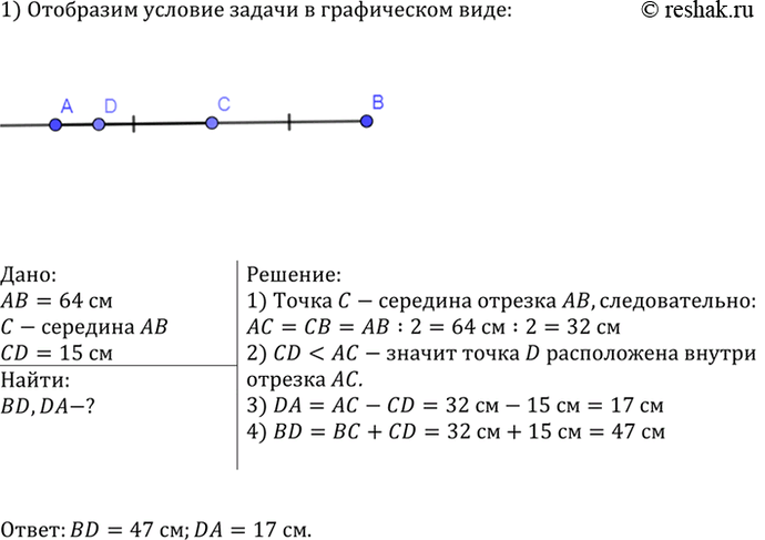 Изображение Точка С — середина отрезка АВ, равного 64 см. На луче С А отмечена точка D так, что CD=15cm. Найдите длины отрезков BD и...