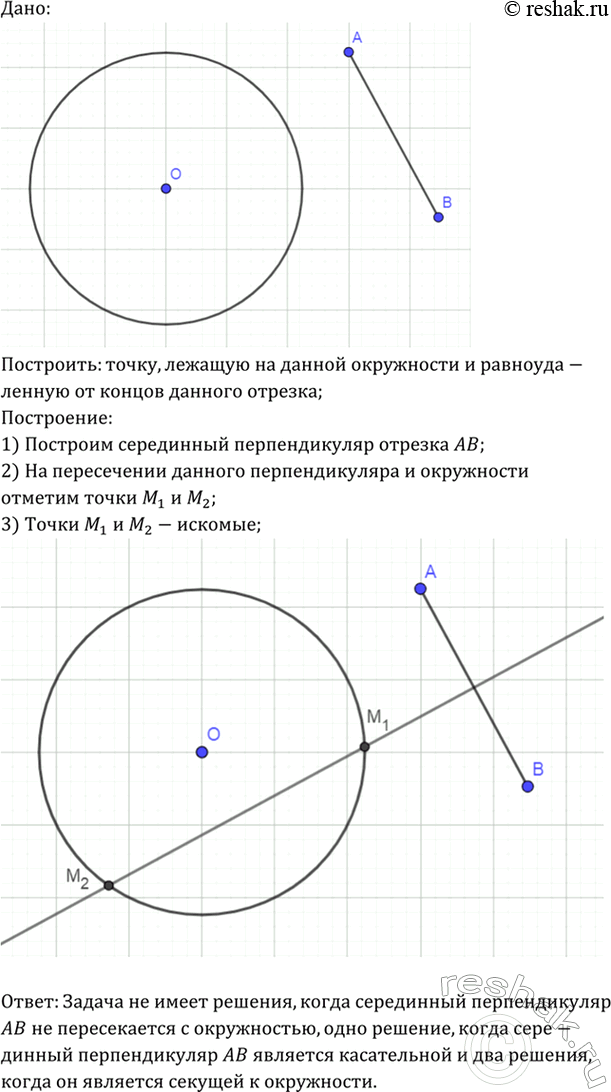 Изображение Постройте точку, лежащую на данной окружности и равноудалённую от концов данного отрезка. Сколько решений может иметь...