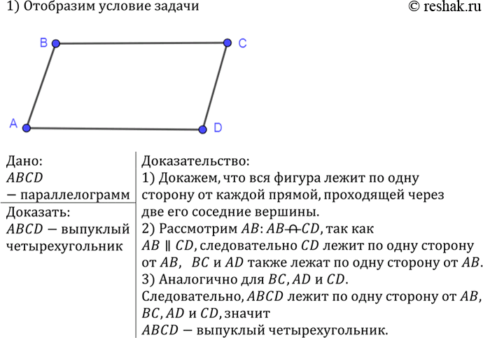 Изображение Докажите, что параллелограмм является выпуклым четырёхугольником. Решение Рассмотрим...