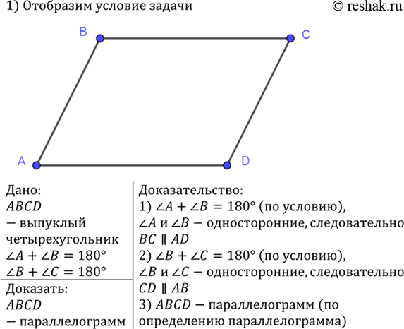 Изображение Докажите, что выпуклый четырёхугольник является параллелограммом, если сумма углов, прилежащих к каждой из двух смежных сторон, равна...