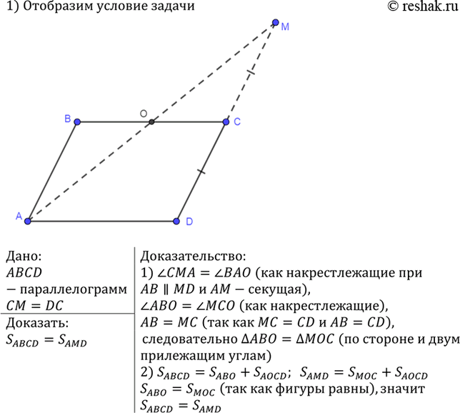 Изображение Начертите параллелограмм ABCD и отметьте точку М, симметричную точке D относительно точки С. Докажите, что SABCD =...