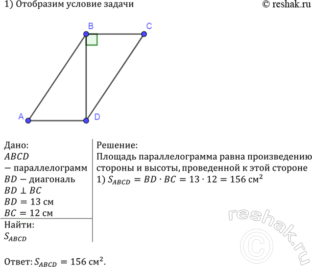 Изображение Диагональ параллелограмма, равная 13 см, перпендикулярна к стороне параллелограмма, равной 12 см. Найдите площадь...