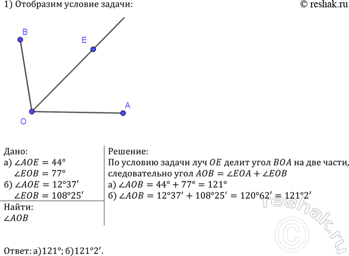 Изображение Луч ОЕ делит угол АОВ на два угла. Найдите угол AOB, если: а) угол AOE = 44°, угол EOB = 77°; б) угол AOE = 12°37', угол EOB =...