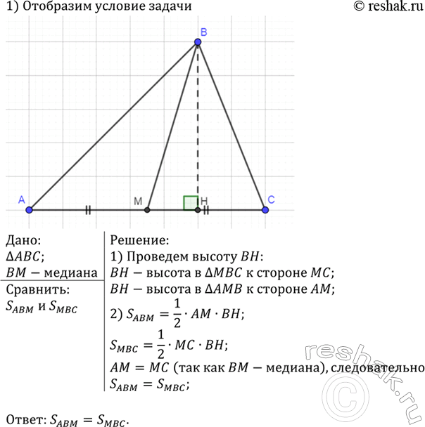Изображение Сравните площади двух треугольников, на которые разделяется данный треугольник его...