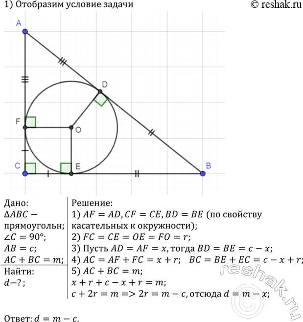 Изображение Найдите диаметр окружности, вписанной в прямоугольный треугольник, если гипотенуза треугольника равна с, а сумма катетов равна...