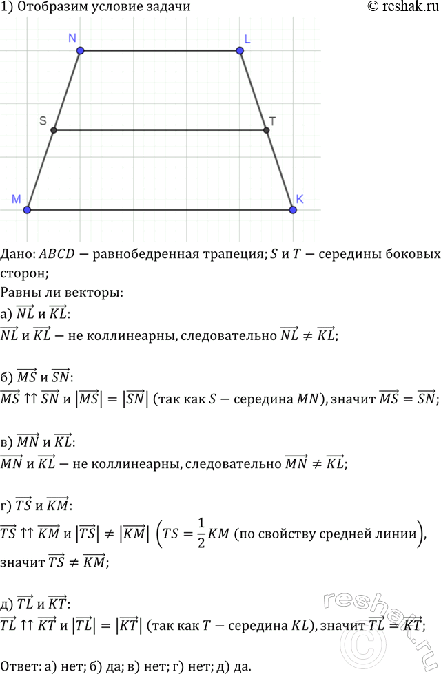Изображение Точки S и Т являются серединами боковых сторон MN и LK равнобедренной трапеции MNLK. Равны ли векторы: a) NL и KL; б) MS и SN; в) MN и KL; г) TS и КМ; д) TL и...