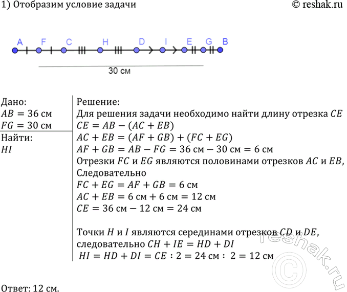 Изображение Отрезок в 36 см разделён на четыре не равные друг другу части. Расстояние между серединами крайних частей равно 30 см. Найдите расстояние между серединами средних...